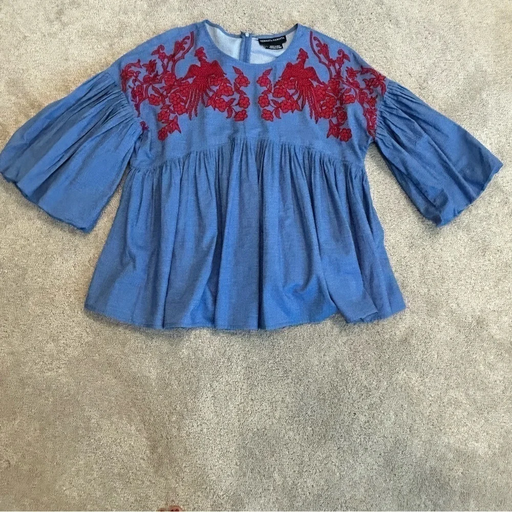 Anthropologie Hemant & Nandita Women's blue red Embroidered Lianna Top Blouse S - Picture 8 of 14